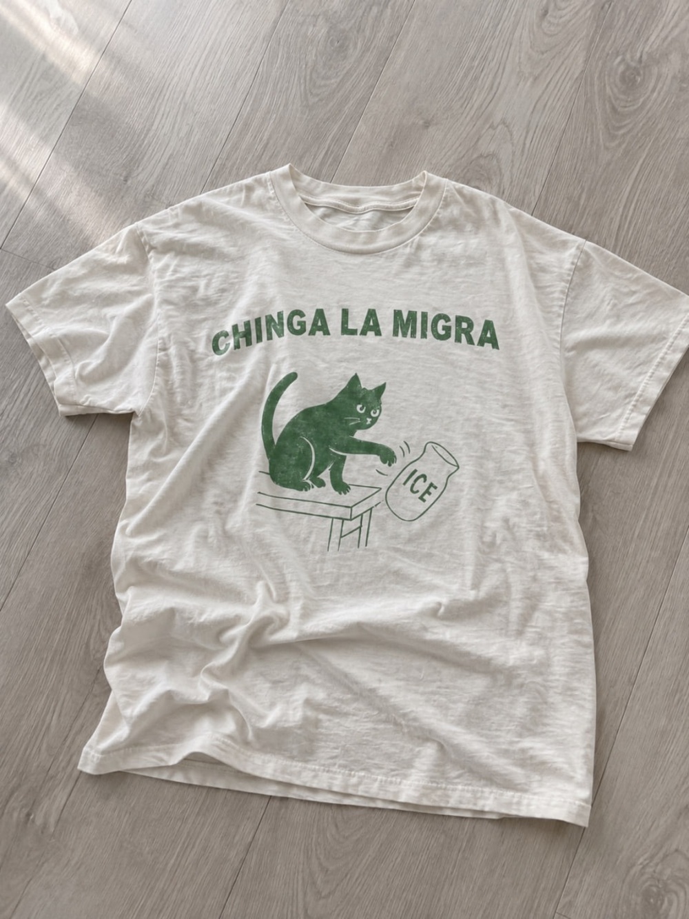 Gildan White Short Sleeve Tee with Green Cat Graphic